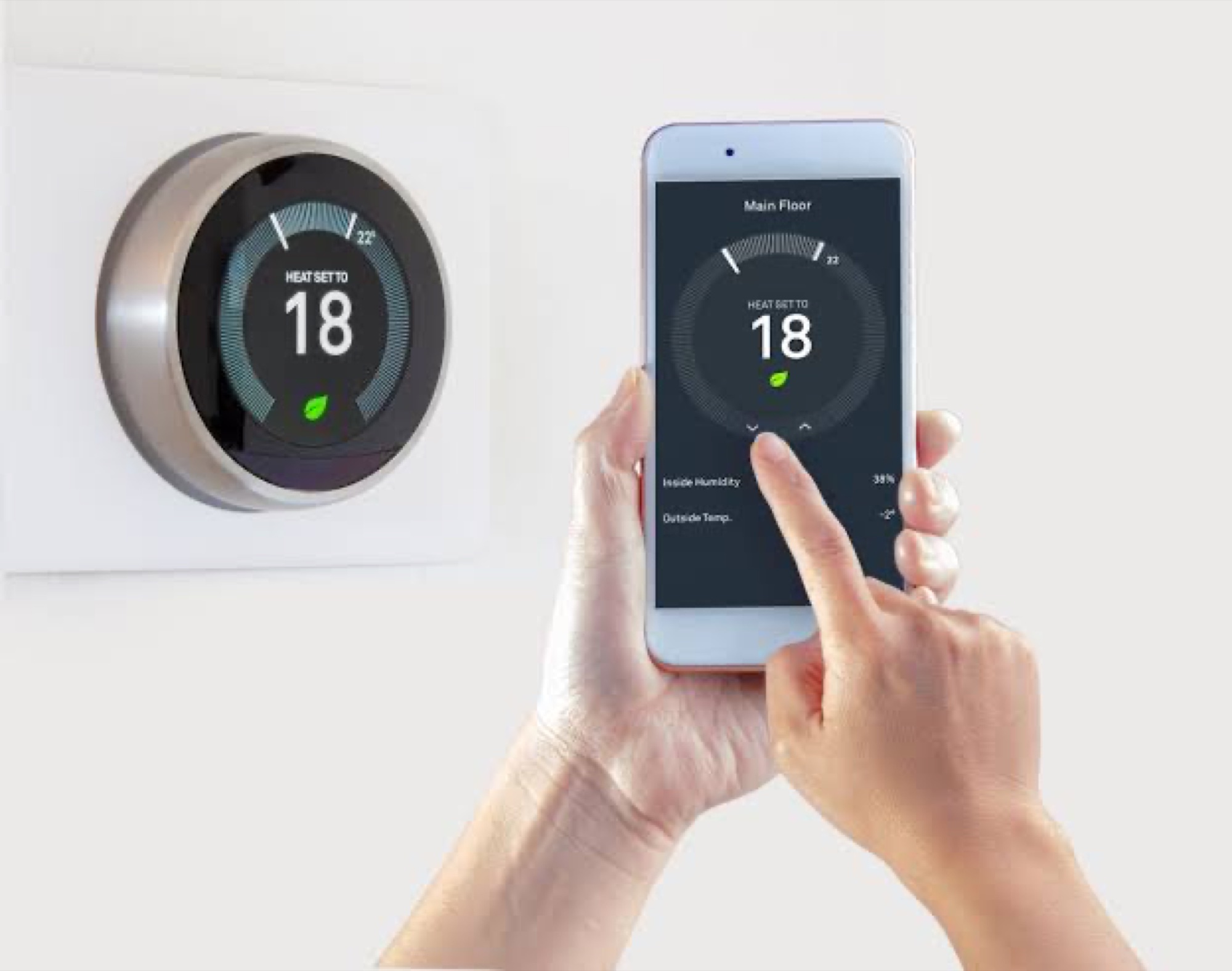 Smart thermostat controlled from a wall unit and a mobile app