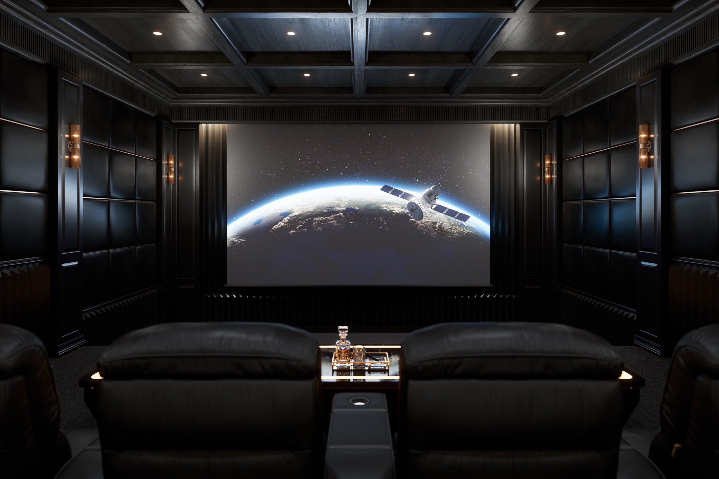 Custom luxury home theater with integrated lighting and control system