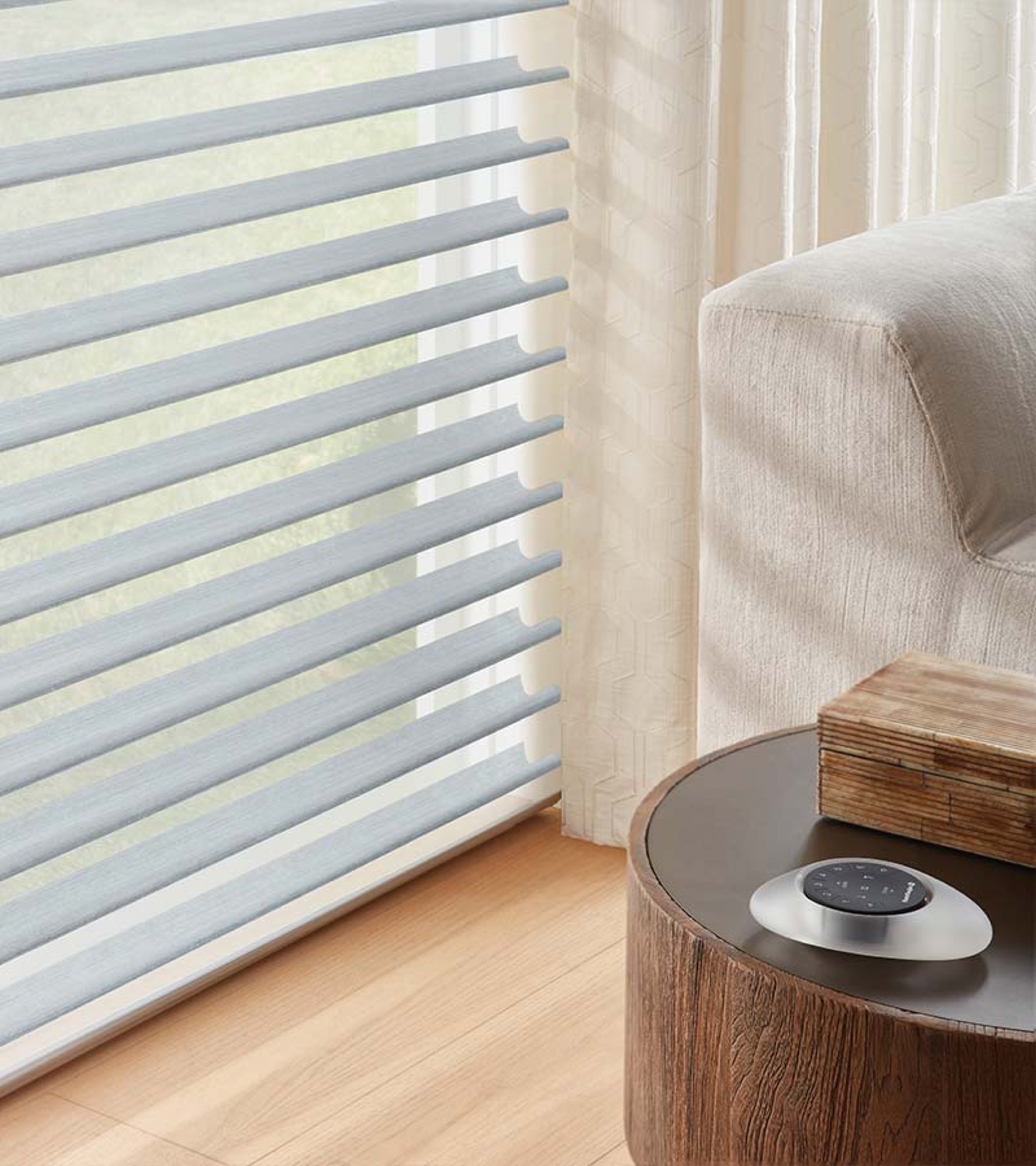 Motorized silhouette shades with wall-mounted remote control