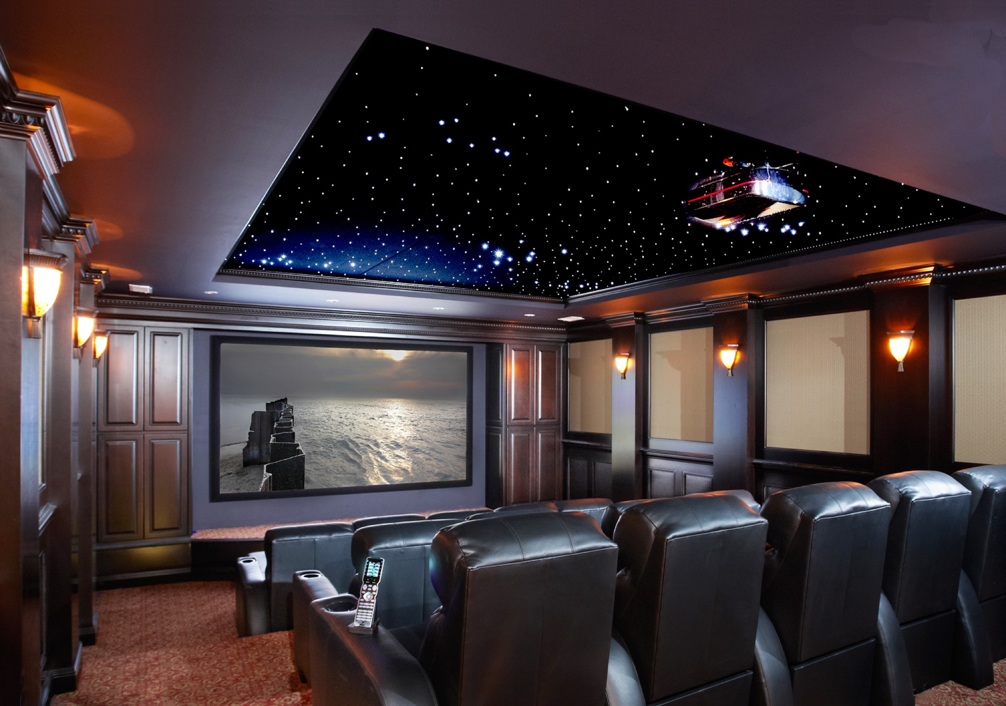 Formal home theater with tiered leather seating