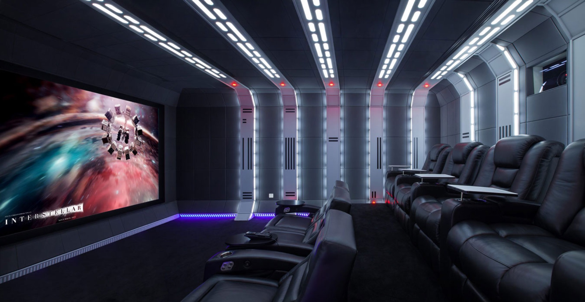 Themed home theater with immersive projection and starfield ceiling